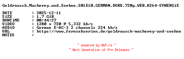 NFO for the release Goldrausch.Macherey.und.Soehne.S01E10.GERMAN.DOKU.720p.WEB.H264-SYNERGiE by SYNERGiE