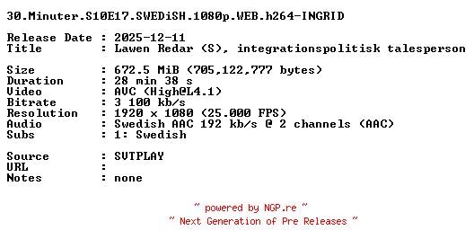 NFO for the release 30.Minuter.S10E17.SWEDiSH.1080p.WEB.h264-INGRID by INGRID