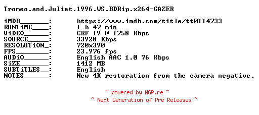 NFO for the release Tromeo.and.Juliet.1996.WS.BDRip.x264-GAZER by GAZER