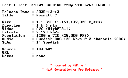 NFO for the release Bast.I.Test.S11E09.SWEDiSH.720p.WEB.h264-INGRID by INGRID