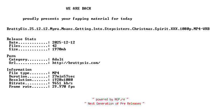 NFO for the release BrattySis.25.12.12.Myra.Moans.Getting.Into.Stepsisters.Christmas.Spirit.XXX.1080p.MP4-WRB by WRB