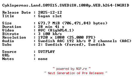 NFO for the release Cyklopernas.Land.S09E15.SWEDiSH.1080p.WEB.h264-INGRID by INGRID