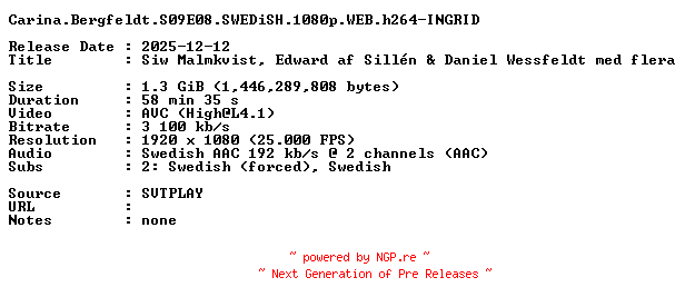 NFO for the release Carina.Bergfeldt.S09E08.SWEDiSH.1080p.WEB.h264-INGRID by INGRID