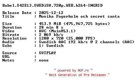 NFO for the release Babel.S42E13.SWEDiSH.720p.WEB.h264-INGRID by INGRID