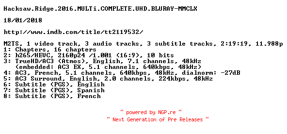 NFO for the release Hacksaw.Ridge.2016.MULTi.COMPLETE.UHD.BLURAY-MMCLX by MMCLX