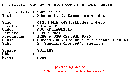 NFO for the release Guldtvisten.S01E02.SWEDiSH.720p.WEB.h264-INGRID by INGRID