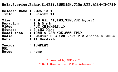 NFO for the release Hela.Sverige.Bakar.S14E11.SWEDiSH.720p.WEB.h264-INGRID by INGRID