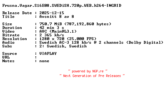 NFO for the release Frusna.Vagar.S16E08.SWEDiSH.720p.WEB.h264-INGRID by INGRID