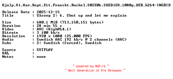 NFO for the release Hjalp.Vi.Har.Kopt.Ett.Franskt.Ruckel.S02E06.SWEDiSH.1080p.WEB.h264-INGRID by INGRID
