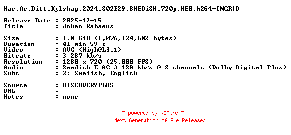 NFO for the release Har.Ar.Ditt.Kylskap.2024.S02E29.SWEDiSH.720p.WEB.h264-INGRID by INGRID