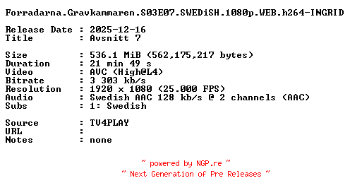 NFO for the release Forradarna.Gravkammaren.S03E07.SWEDiSH.1080p.WEB.h264-INGRID by INGRID