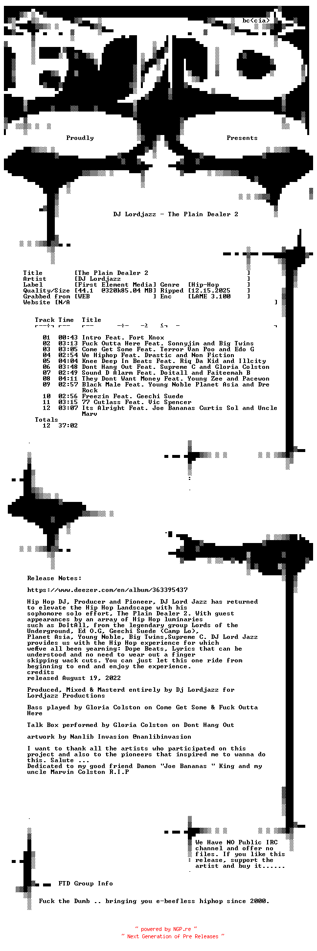 NFO for the release DJ_Lordjazz-The_Plain_Dealer_2-WEB-2022-FTD by FTD