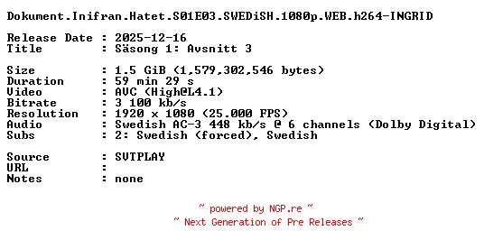 NFO for the release Dokument.Inifran.Hatet.S01E03.SWEDiSH.1080p.WEB.h264-INGRID by INGRID