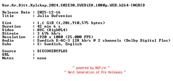 NFO for the release Har.Ar.Ditt.Kylskap.2024.S02E30.SWEDiSH.1080p.WEB.h264-INGRID by INGRID