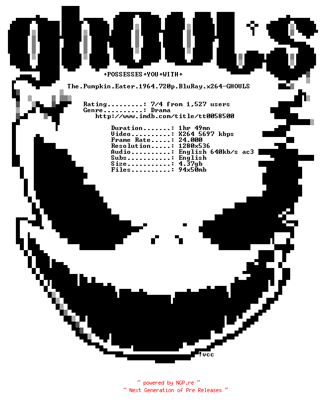 NFO for the release The.Pumpkin.Eater.1964.720p.BluRay.x264-GHOULS by GHOULS