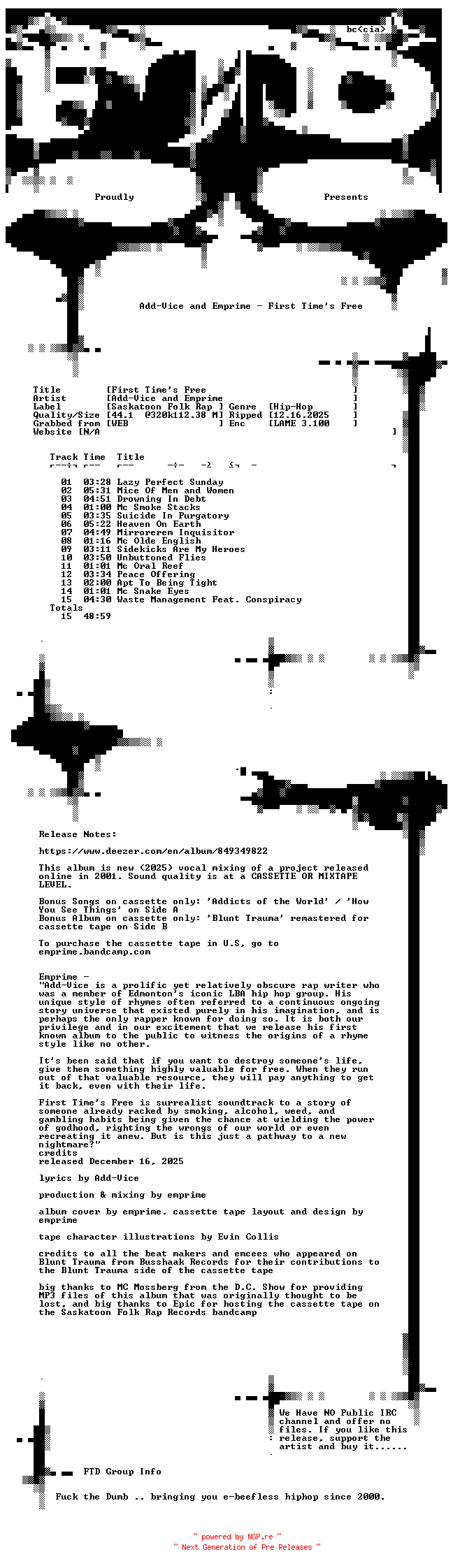 NFO for the release Add-Vice_and_Emprime-First_Times_Free-WEB-2025-FTD by FTD