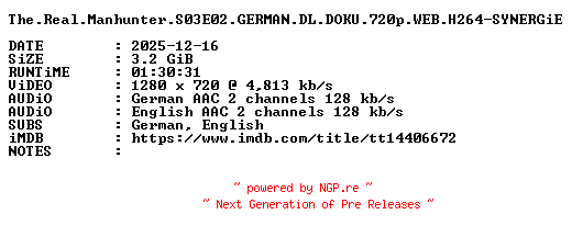 NFO for the release The.Real.Manhunter.S03E02.GERMAN.DL.DOKU.720p.WEB.H264-SYNERGiE by SYNERGiE