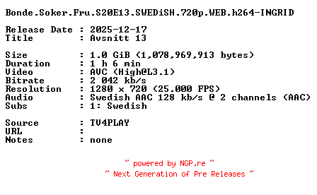 NFO for the release Bonde.Soker.Fru.S20E13.SWEDiSH.720p.WEB.h264-INGRID by INGRID