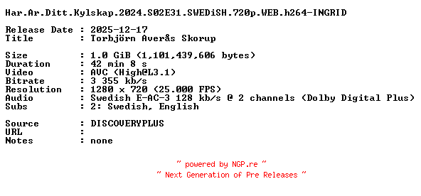 NFO for the release Har.Ar.Ditt.Kylskap.2024.S02E31.SWEDiSH.720p.WEB.h264-INGRID by INGRID