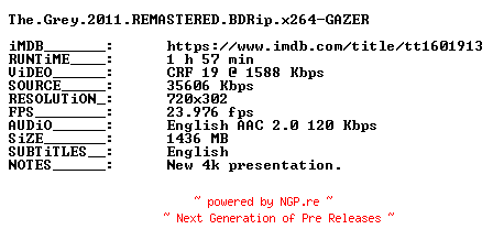 NFO for the release The.Grey.2011.REMASTERED.BDRip.x264-GAZER by GAZER