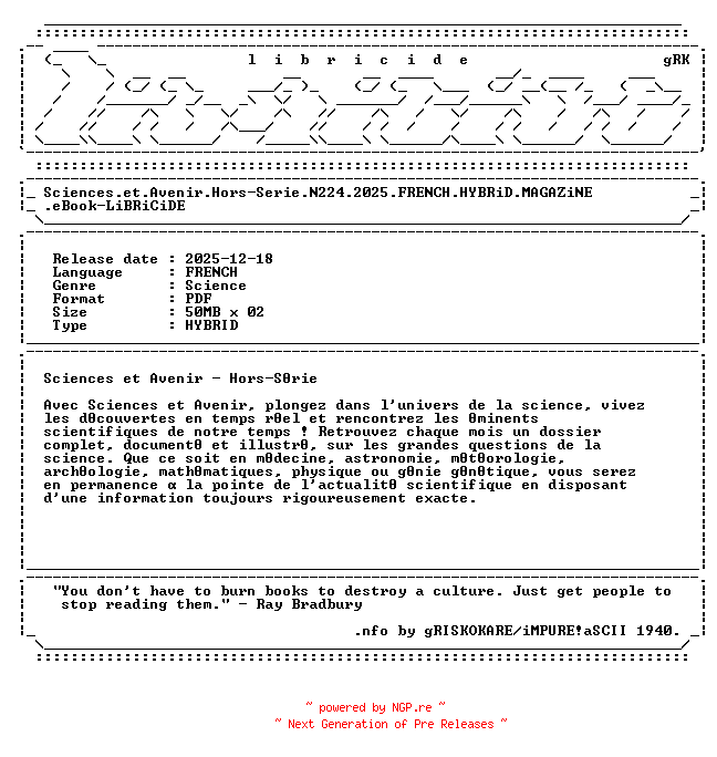 NFO for the release Sciences.et.Avenir.Hors-Serie.N224.2025.FRENCH.HYBRiD.MAGAZiNE.eBook-LiBRiCiDE by LiBRiCiDE