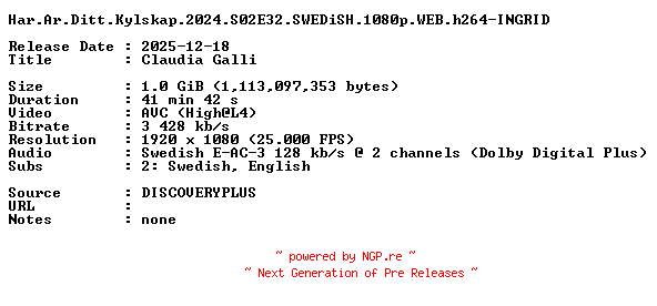 NFO for the release Har.Ar.Ditt.Kylskap.2024.S02E32.SWEDiSH.1080p.WEB.h264-INGRID by INGRID