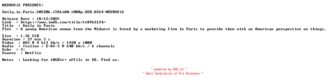 NFO for the release Emily.in.Paris.S05E06.iTALiAN.1080p.WEB.H264-NEUROSiS by NEUROSiS
