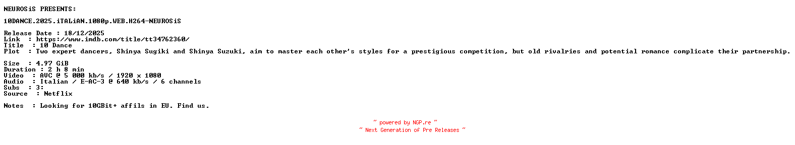 NFO for the release 10DANCE.2025.iTALiAN.1080p.WEB.H264-NEUROSiS by NEUROSiS