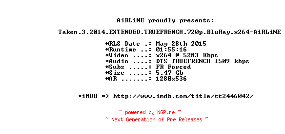 NFO for the release Taken.3.2014.EXTENDED.TRUEFRENCH.720p.BluRay.x264-AiRLiNE by AiRLiNE