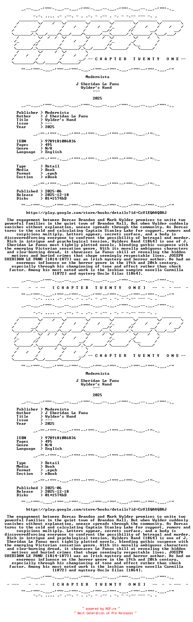 NFO for the release J.Sheridan.Le.Fanu.-.Wylders.Hand.2025.RETAIL.EPUB.eBook-CTO by CTO