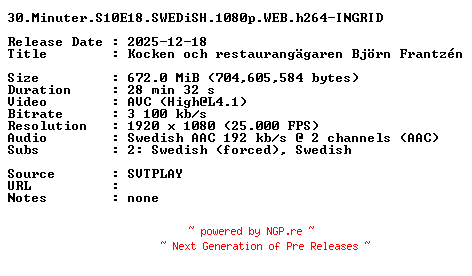 NFO for the release 30.Minuter.S10E18.SWEDiSH.1080p.WEB.h264-INGRID by INGRID