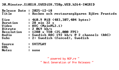 NFO for the release 30.Minuter.S10E18.SWEDiSH.720p.WEB.h264-INGRID by INGRID