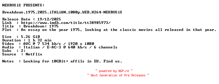 NFO for the release Breakdown.1975.2025.iTALiAN.1080p.WEB.H264-NEUROSiS by NEUROSiS