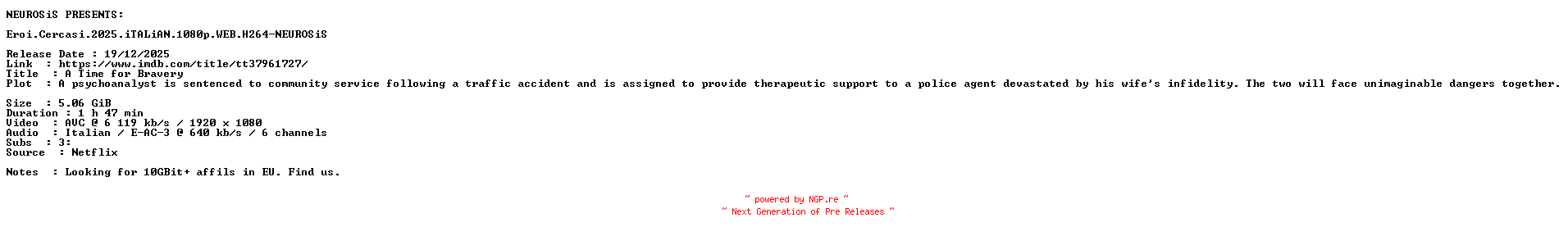 NFO for the release Eroi.Cercasi.2025.iTALiAN.1080p.WEB.H264-NEUROSiS by NEUROSiS