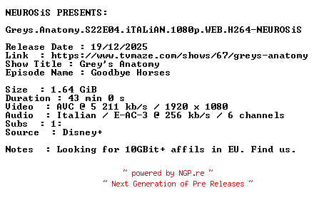 NFO for the release Greys.Anatomy.S22E04.iTALiAN.1080p.WEB.H264-NEUROSiS by NEUROSiS