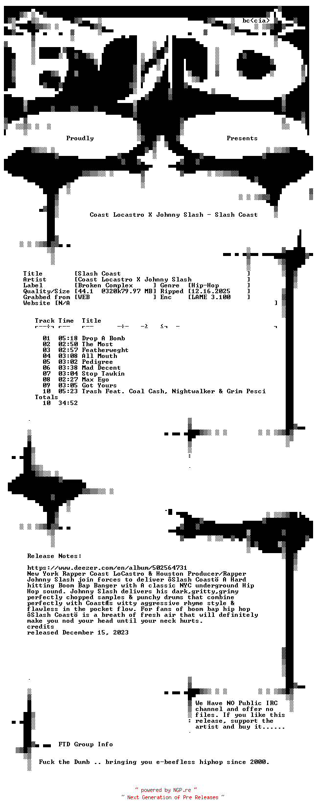 NFO for the release Coast_Locastro_x_Johnny_Slash-Slash_Coast-WEB-2023-FTD by FTD