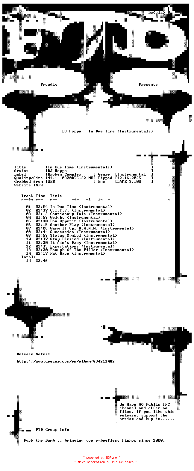 NFO for the release DJ_Hoppa-In_Due_Time_(Instrumentals)-WEB-2025-FTD by FTD