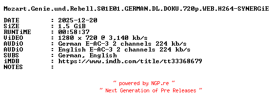 NFO for the release Mozart.Genie.und.Rebell.S01E01.GERMAN.DL.DOKU.720p.WEB.H264-SYNERGiE by SYNERGiE