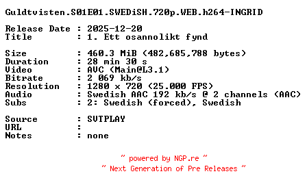 NFO for the release Guldtvisten.S01E01.SWEDiSH.720p.WEB.h264-INGRID by INGRID