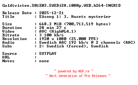 NFO for the release Guldtvisten.S01E03.SWEDiSH.1080p.WEB.h264-INGRID by INGRID