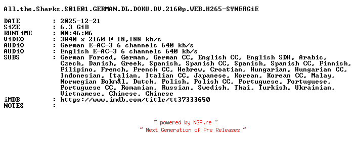 NFO for the release All.the.Sharks.S01E01.GERMAN.DL.DOKU.DV.2160p.WEB.H265-SYNERGiE by SYNERGiE
