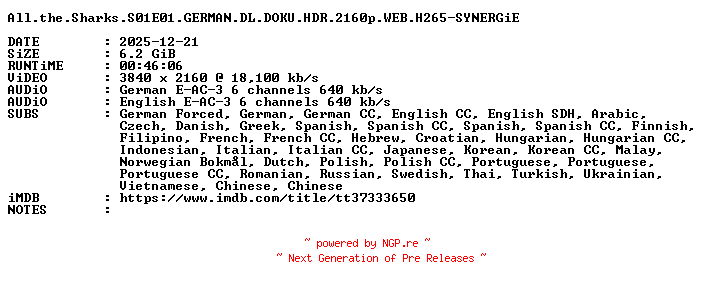 NFO for the release All.the.Sharks.S01E01.GERMAN.DL.DOKU.HDR.2160p.WEB.H265-SYNERGiE by SYNERGiE