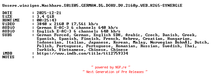 NFO for the release Unsere.winzigen.Nachbarn.S01E05.GERMAN.DL.DOKU.DV.2160p.WEB.H265-SYNERGiE by SYNERGiE