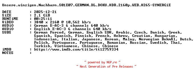 NFO for the release Unsere.winzigen.Nachbarn.S01E07.GERMAN.DL.DOKU.HDR.2160p.WEB.H265-SYNERGiE by SYNERGiE