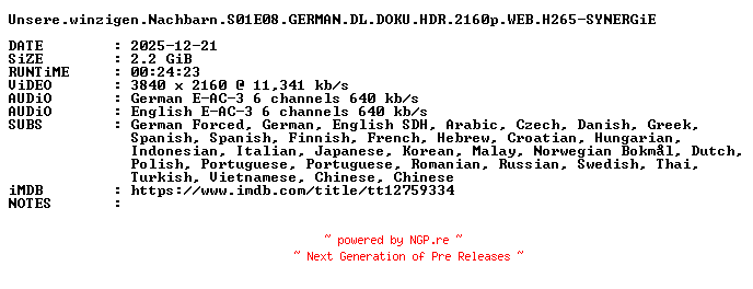 NFO for the release Unsere.winzigen.Nachbarn.S01E08.GERMAN.DL.DOKU.HDR.2160p.WEB.H265-SYNERGiE by SYNERGiE