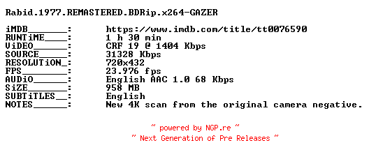 NFO for the release Rabid.1977.REMASTERED.BDRip.x264-GAZER by GAZER