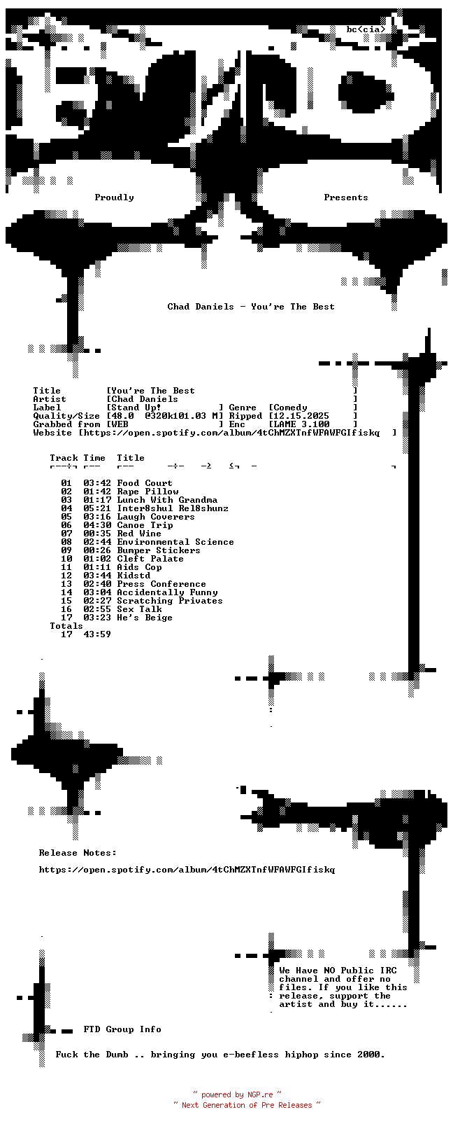 NFO for the release Chad_Daniels-Youre_The_Best-WEB-2012-FTD by FTD