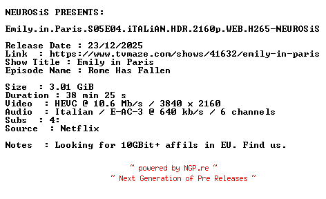 NFO for the release Emily.in.Paris.S05E04.iTALiAN.HDR.2160p.WEB.H265-NEUROSiS by NEUROSiS