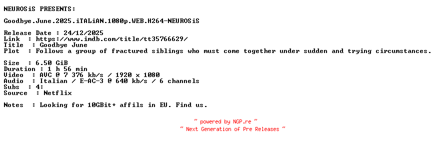 NFO for the release Goodbye.June.2025.iTALiAN.1080p.WEB.H264-NEUROSiS by NEUROSiS