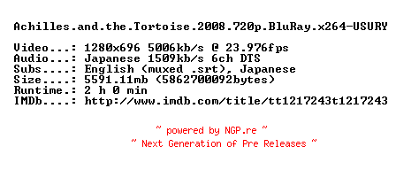 NFO for the release Achilles.and.the.Tortoise.2008.720p.BluRay.x264-USURY by USURY